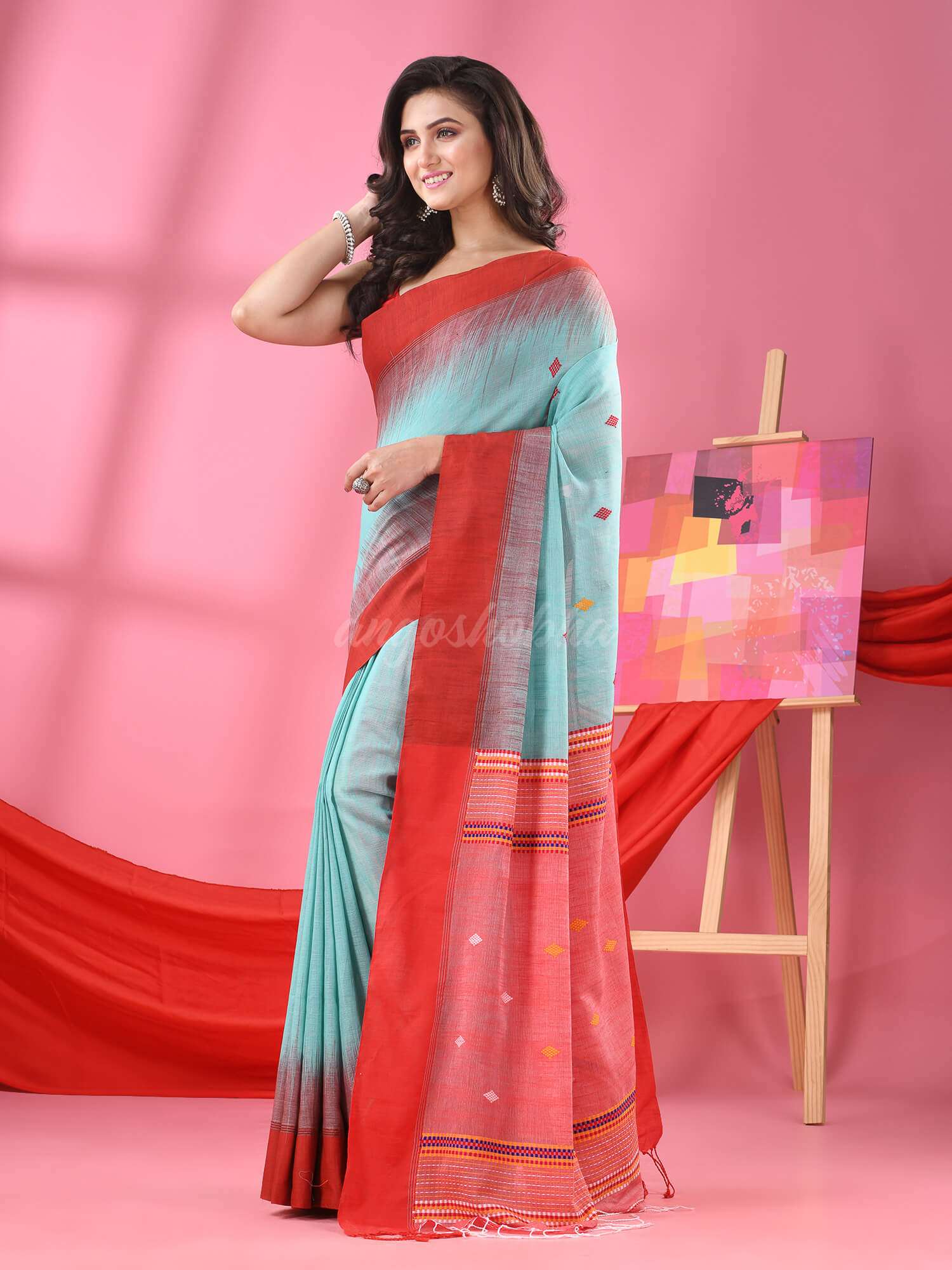 Aqua Blue Cotton Tie Dye Handloom Saree