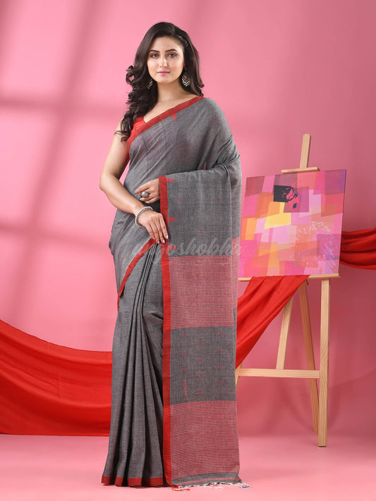 Grey Cotton All Body Plus Buti Handloom Saree