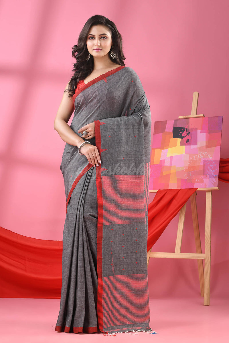 Grey Cotton All Body Plus Buti Handloom Saree