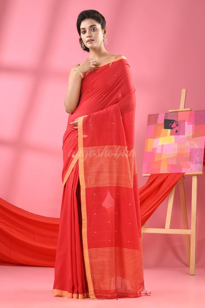 Red Cotton All Body Plus Buti Handloom Saree