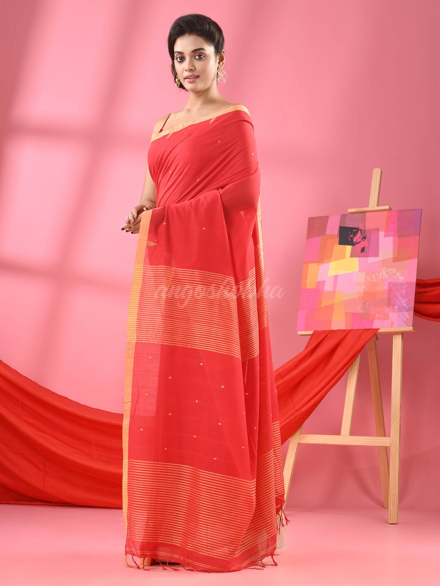 Red Cotton All Body Plus Buti Handloom Saree