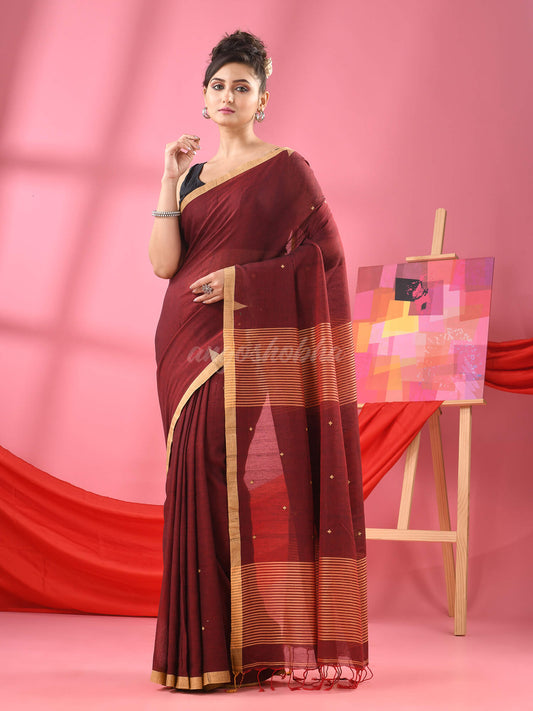 Maroon Cotton All Body Plus Buti Handloom Saree