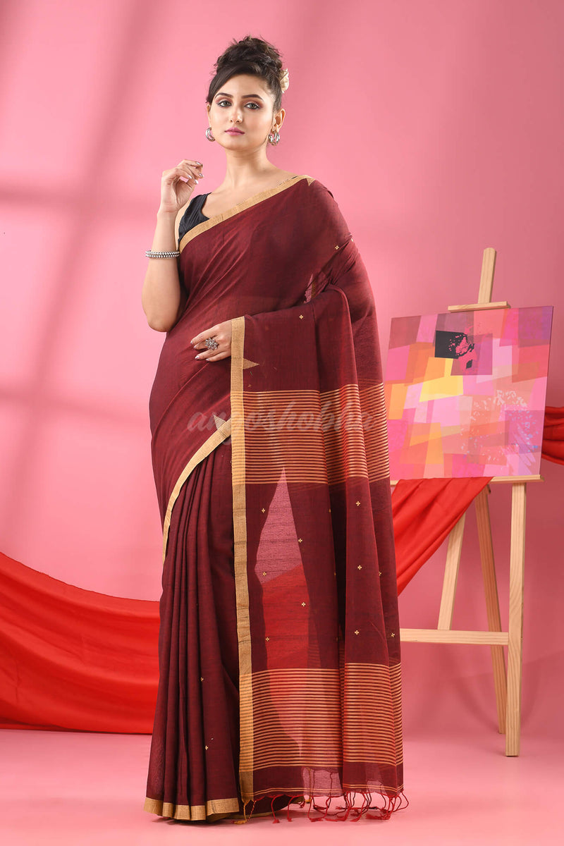 Maroon Cotton All Body Plus Buti Handloom Saree