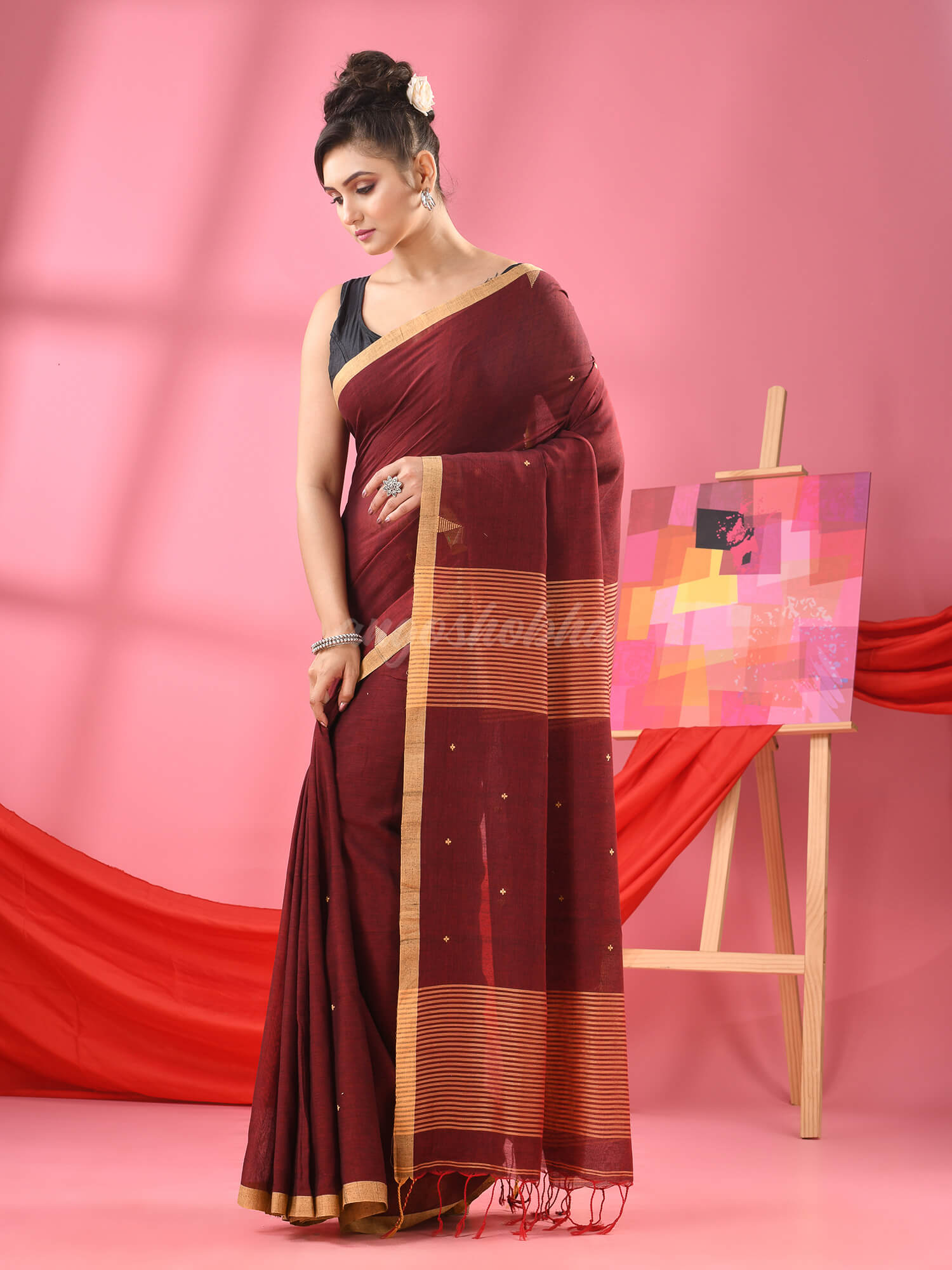 Maroon Cotton All Body Plus Buti Handloom Saree