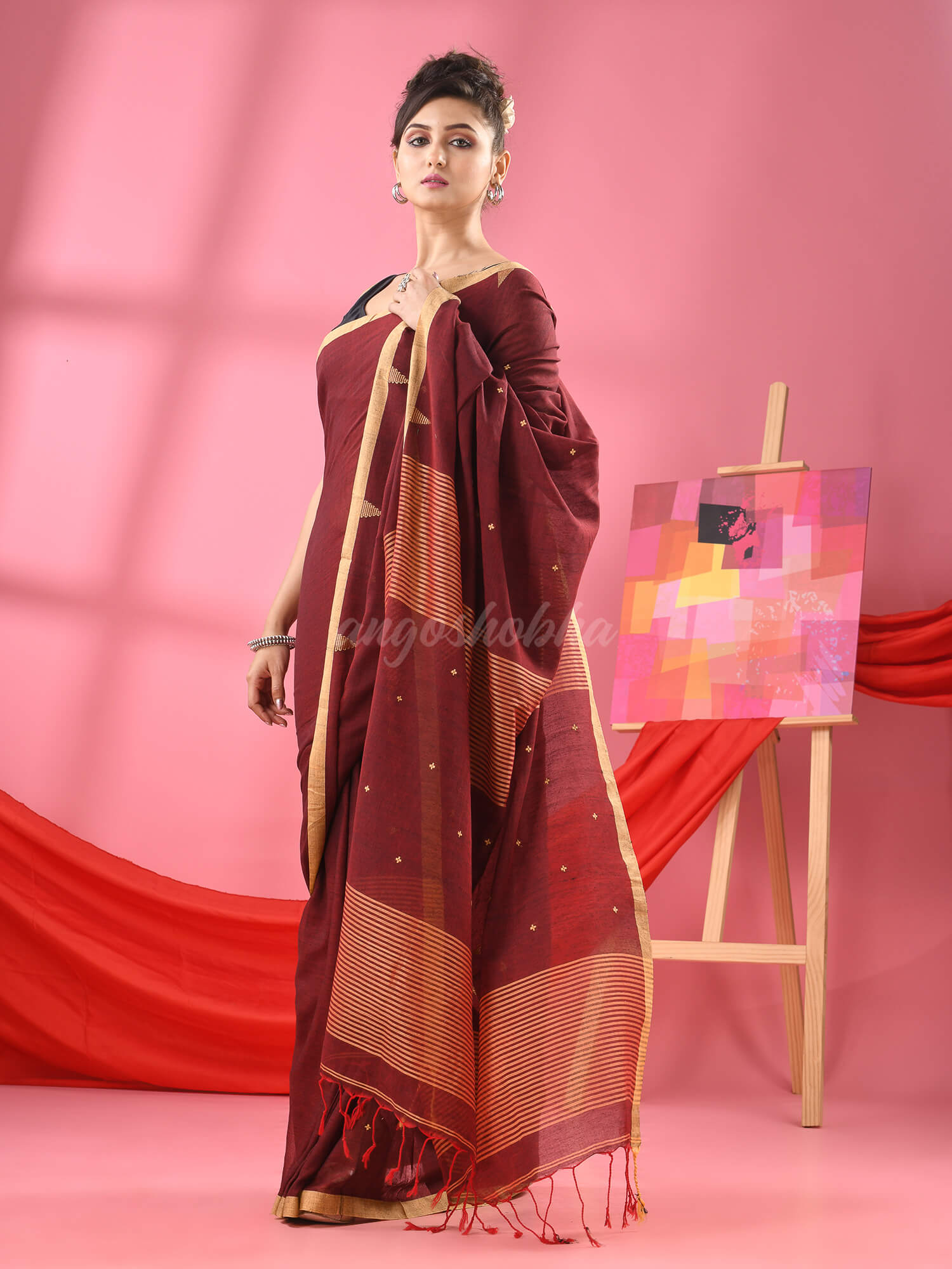 Maroon Cotton All Body Plus Buti Handloom Saree