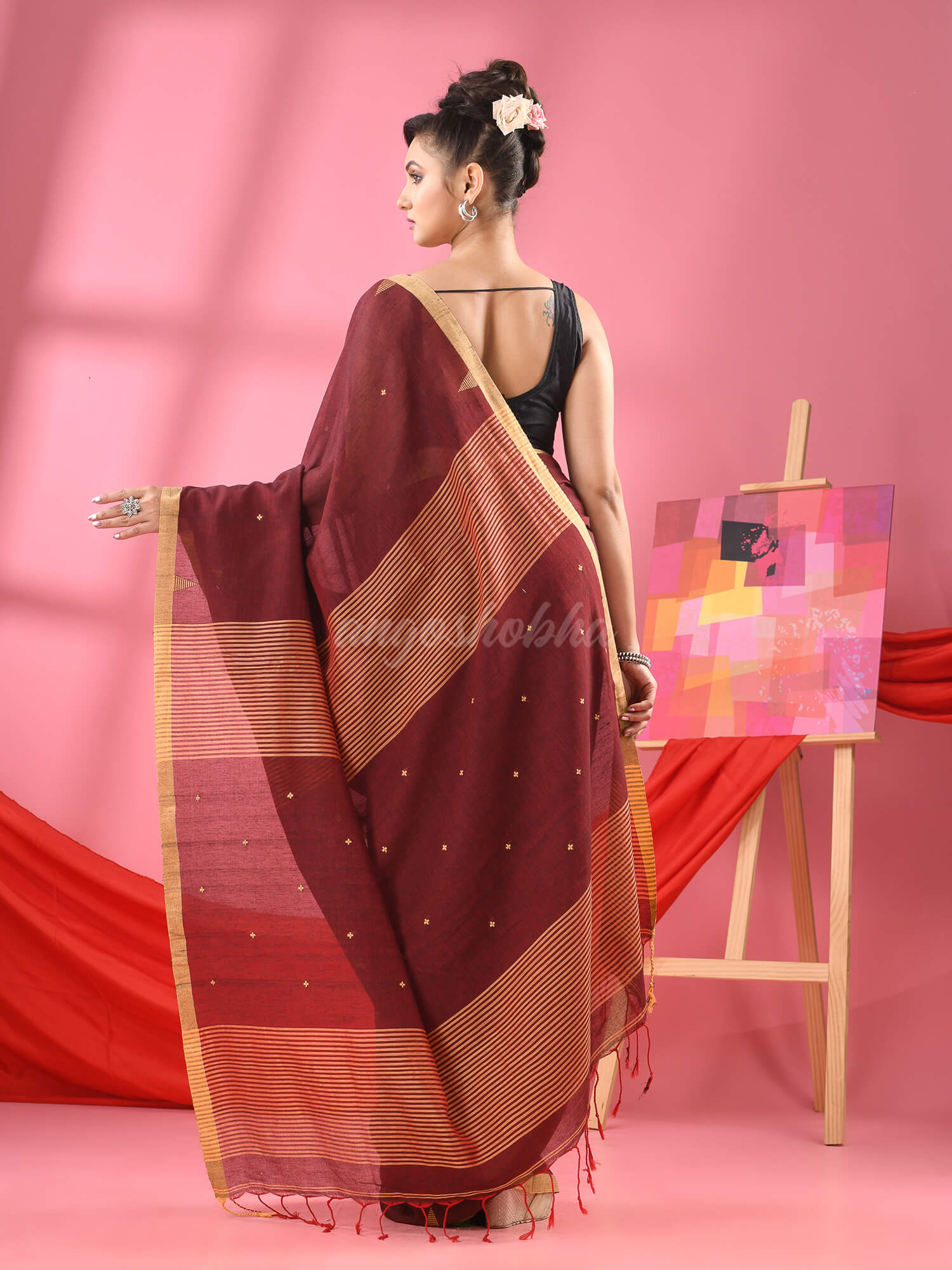 Maroon Cotton All Body Plus Buti Handloom Saree