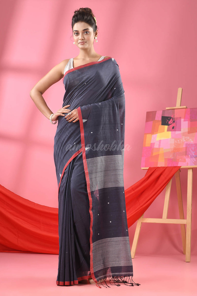 Ash Grey Cotton All Body Plus Buti Handloom Saree