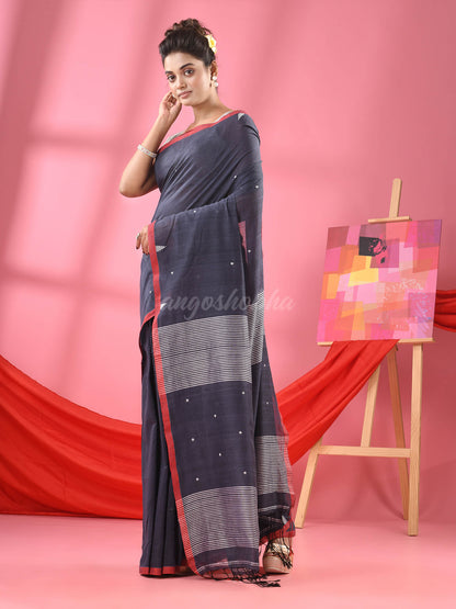 Ash Grey Cotton All Body Plus Buti Handloom Saree