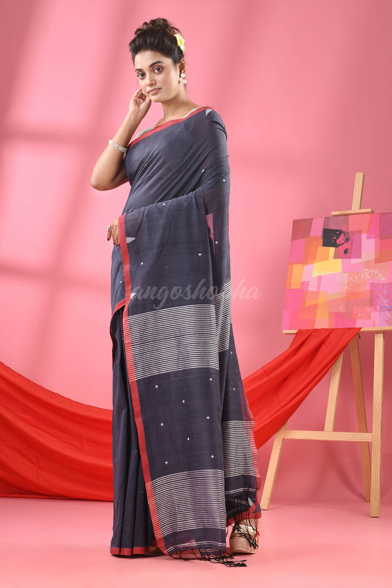 Ash Grey Cotton All Body Plus Buti Handloom Saree