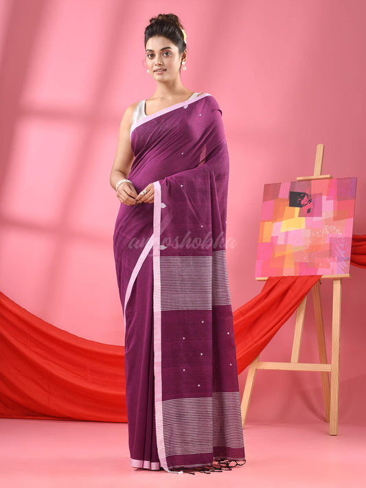 Purple Cotton All Body Plus Buti Handloom Saree