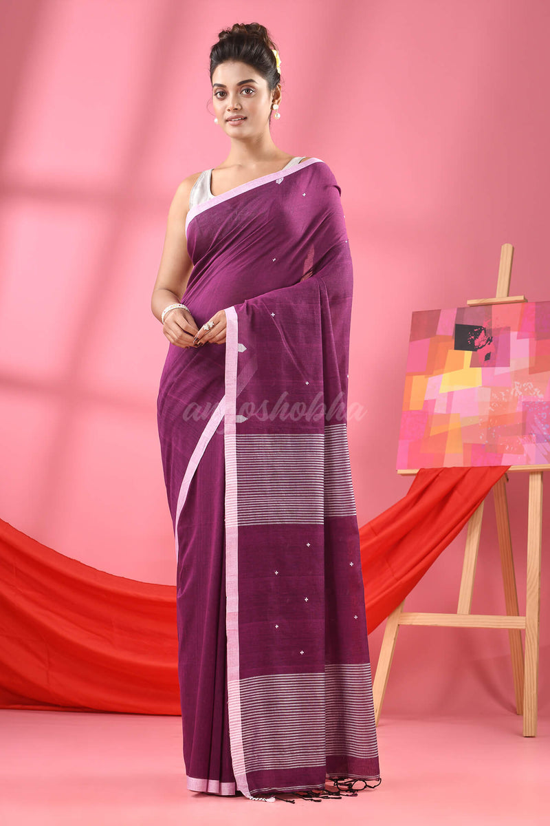 Purple Cotton All Body Plus Buti Handloom Saree