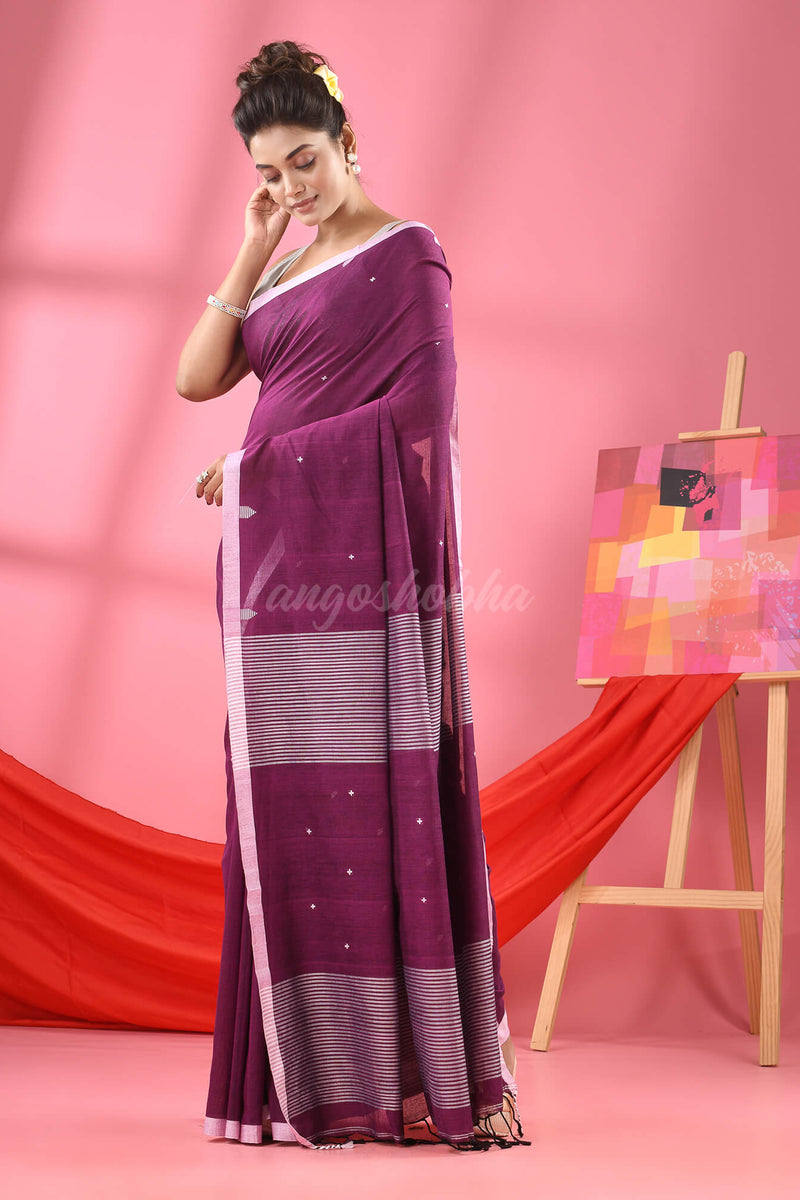 Purple Cotton All Body Plus Buti Handloom Saree
