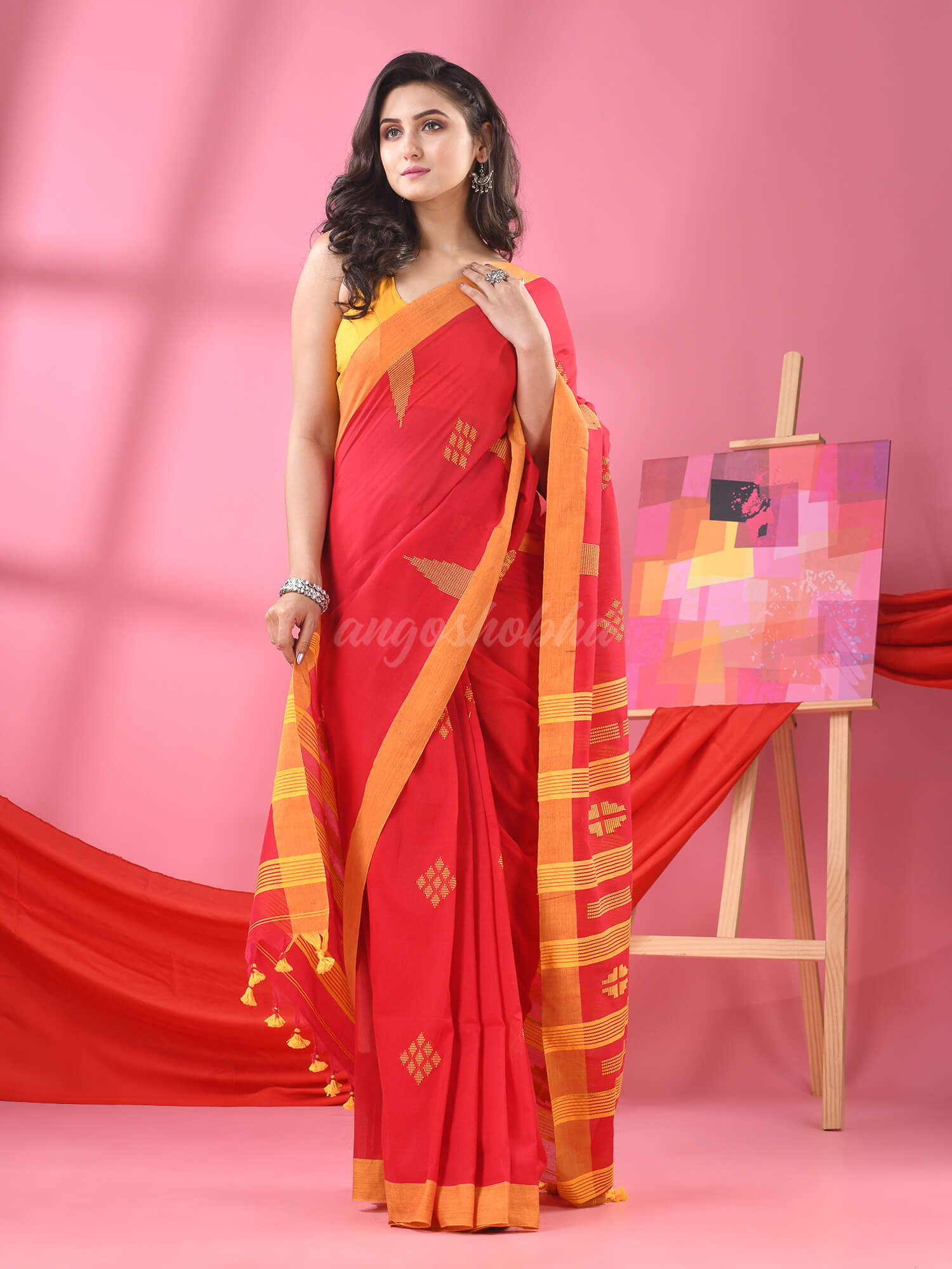Red Cotton All Body Buti Handloom Saree