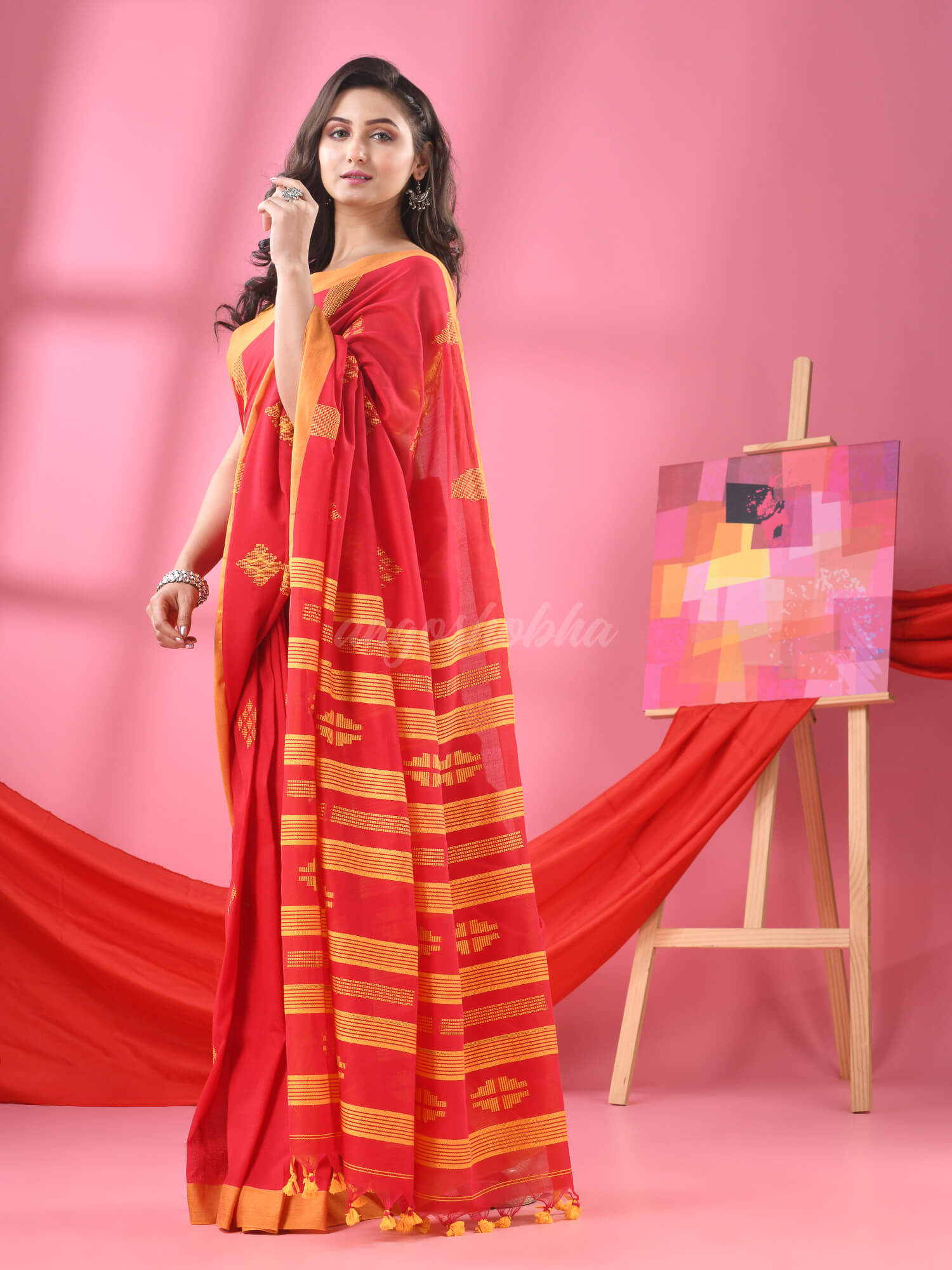 Red Cotton All Body Buti Handloom Saree