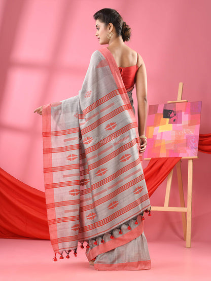 Light Grey Cotton All Body Buti Handloom Saree