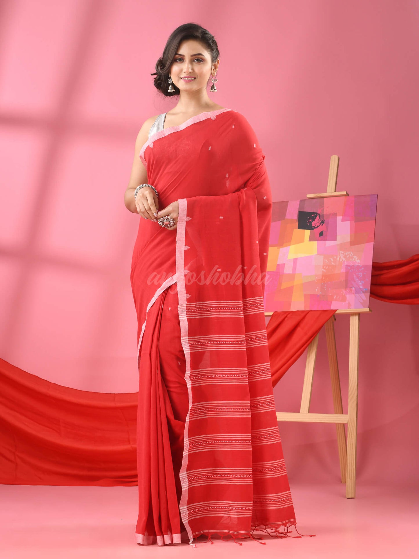 Red Cotton All Body Buti Handloom Saree