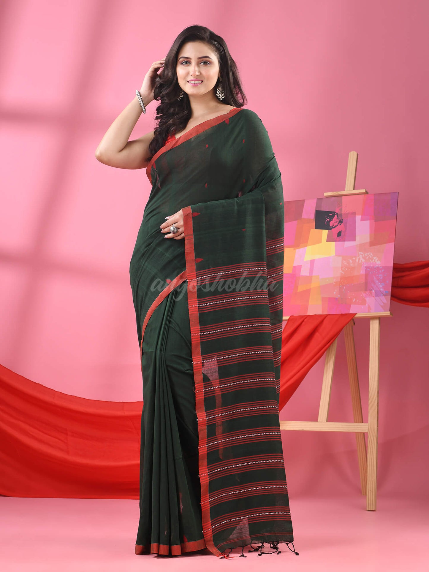 Bottle Green Cotton All Body Buti Handloom Saree