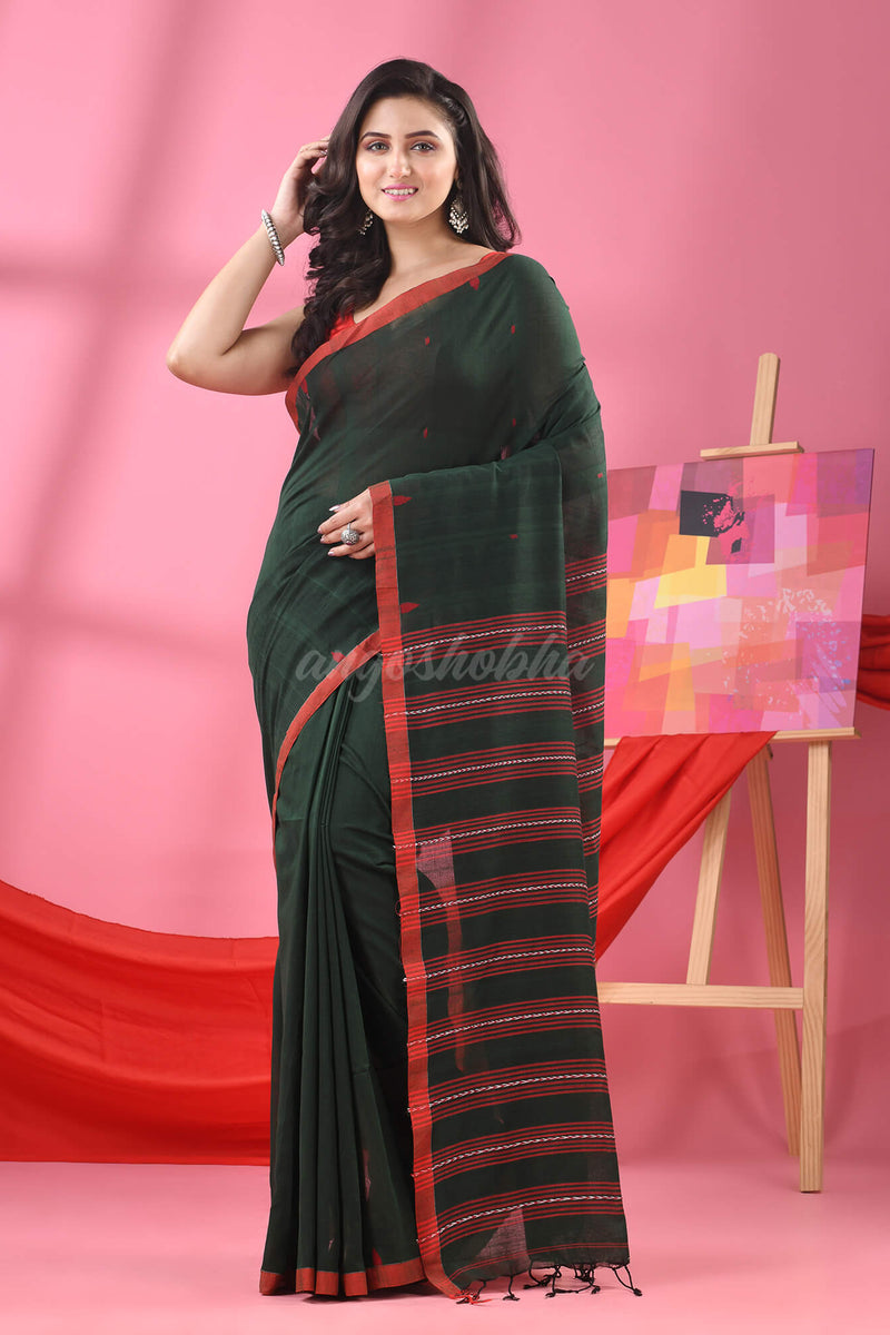 Bottle Green Cotton All Body Buti Handloom Saree