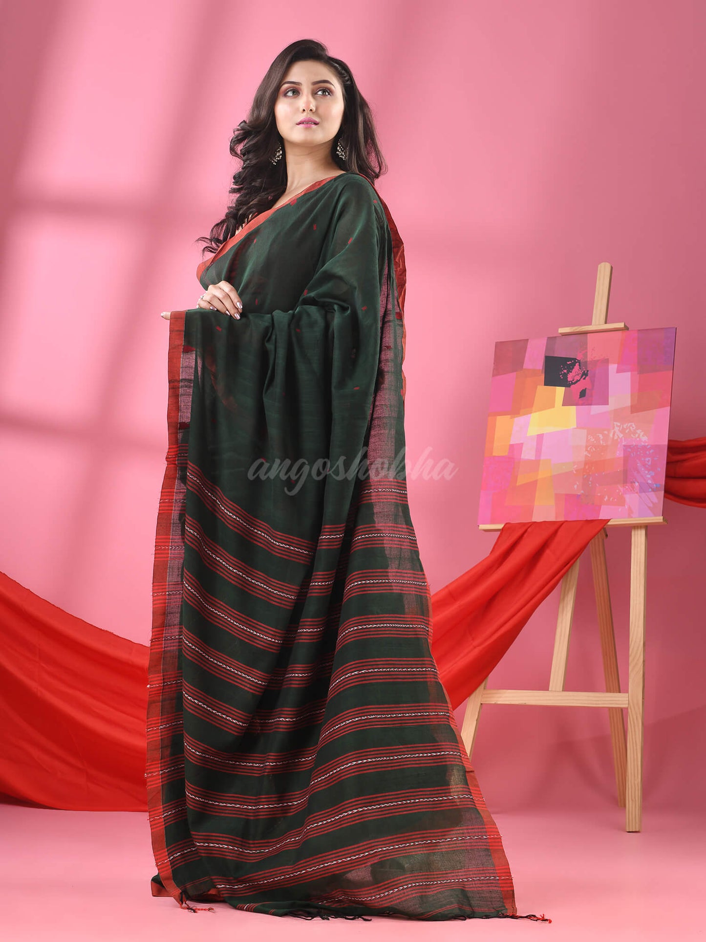 Bottle Green Cotton All Body Buti Handloom Saree