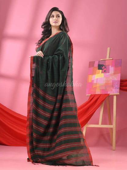 Bottle Green Cotton All Body Buti Handloom Saree