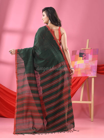 Bottle Green Cotton All Body Buti Handloom Saree