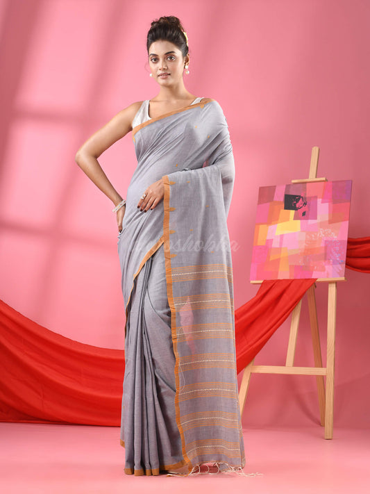 Silver Grey Cotton All Body Buti Handloom Saree