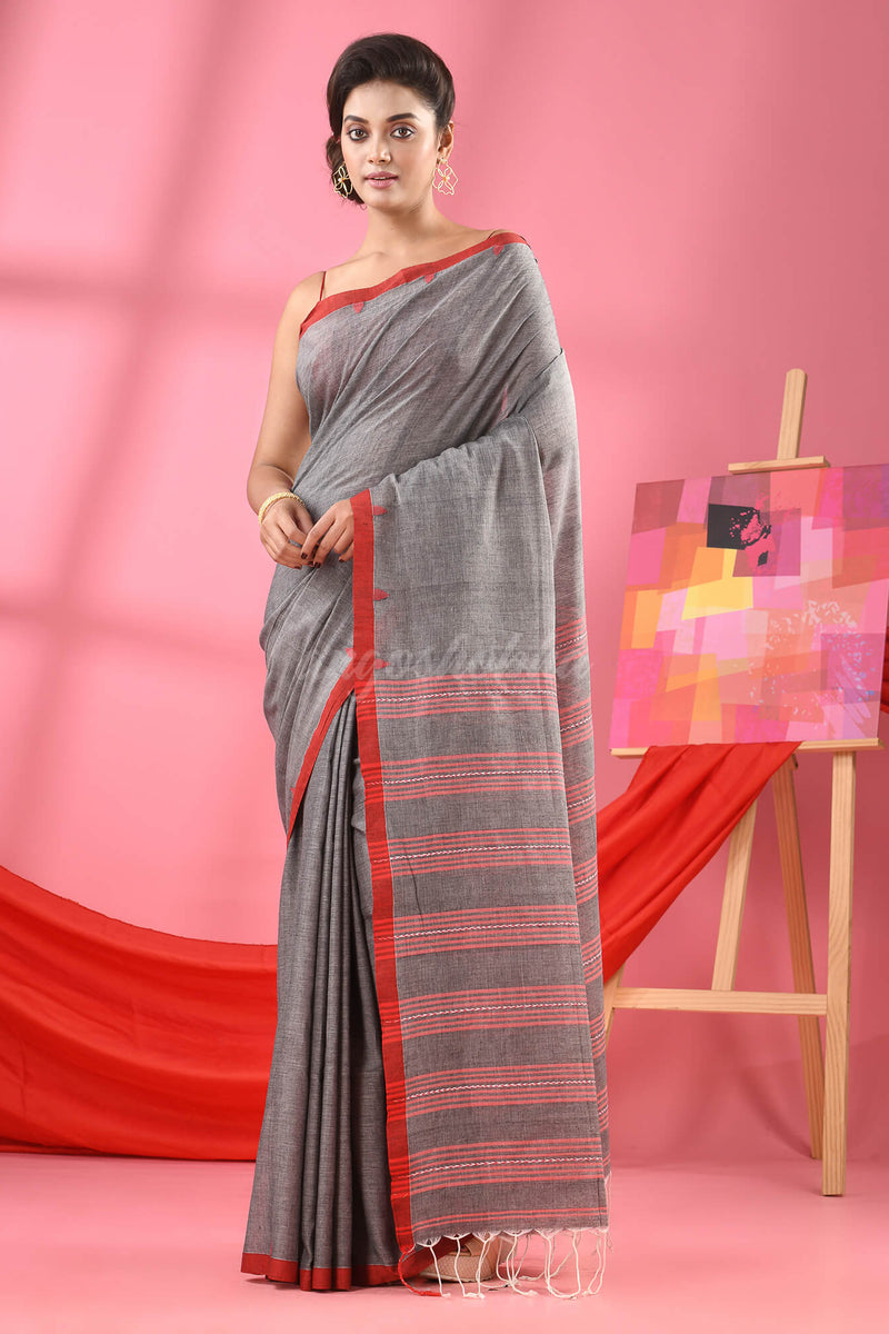 Grey Cotton All Body Buti Handloom Saree