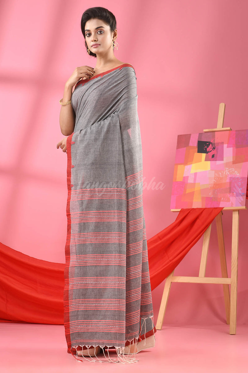 Grey Cotton All Body Buti Handloom Saree