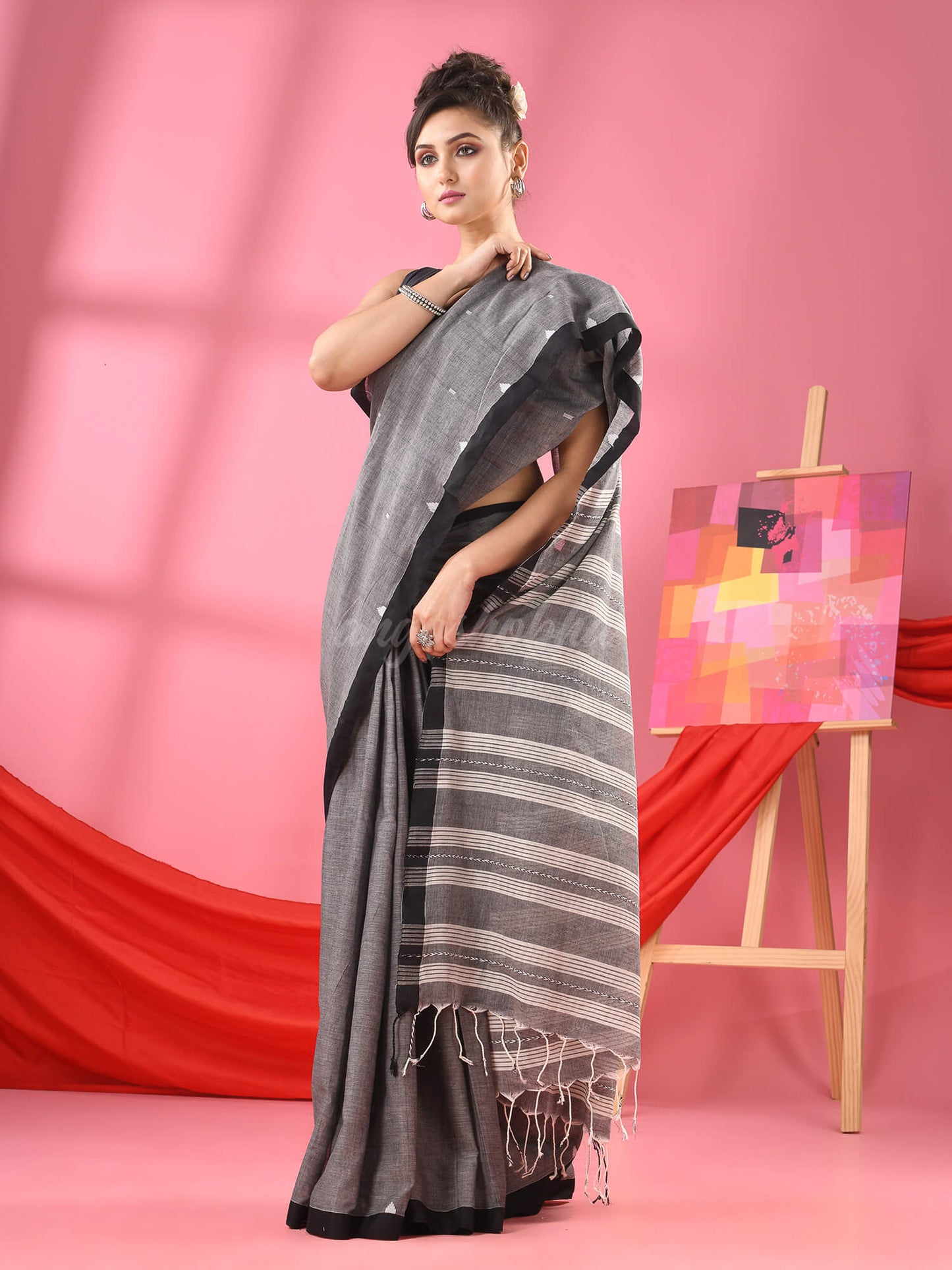 Dark Grey Cotton All Body Buti Handloom Saree