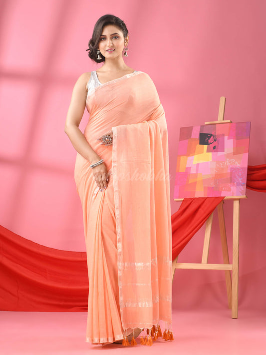 Light Peach Cotton Jacquard Border Handloom Saree