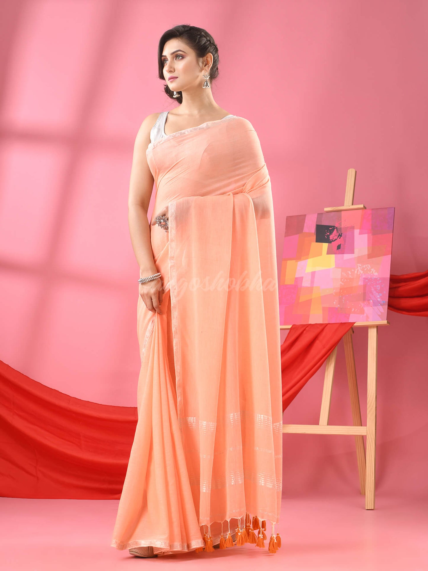 Light Peach Cotton Jacquard Border Handloom Saree