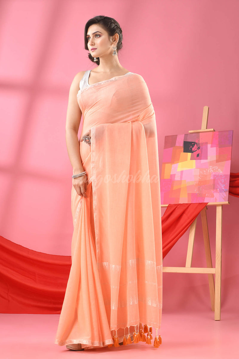 Light Peach Cotton Jacquard Border Handloom Saree