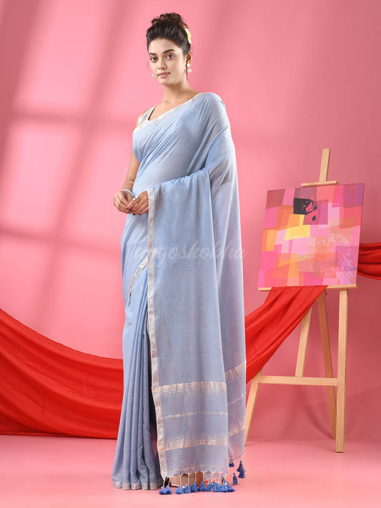 Sky Blue Cotton Jacquard Border Handloom Saree