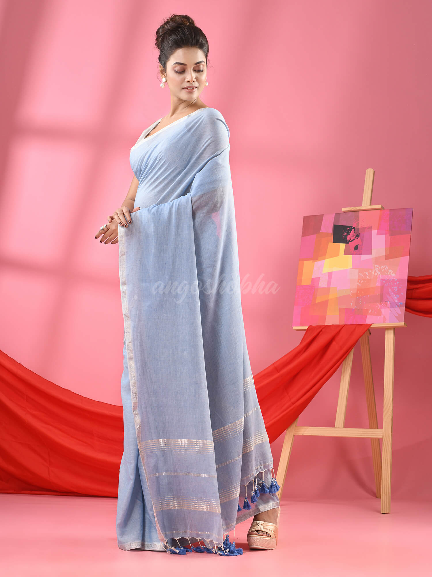 Sky Blue Cotton Jacquard Border Handloom Saree