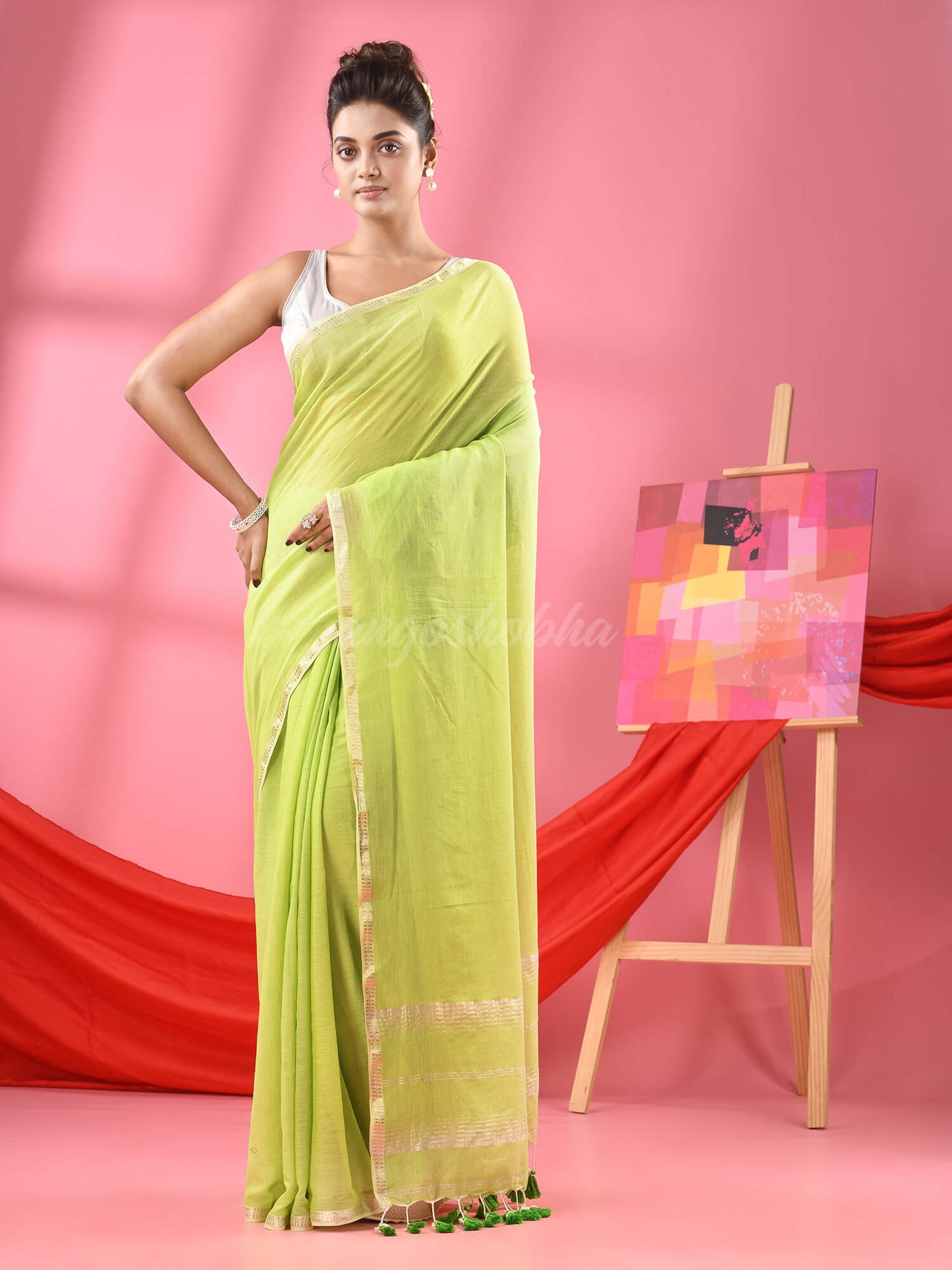 Pastel Green Cotton Jacquard Border Handloom Saree