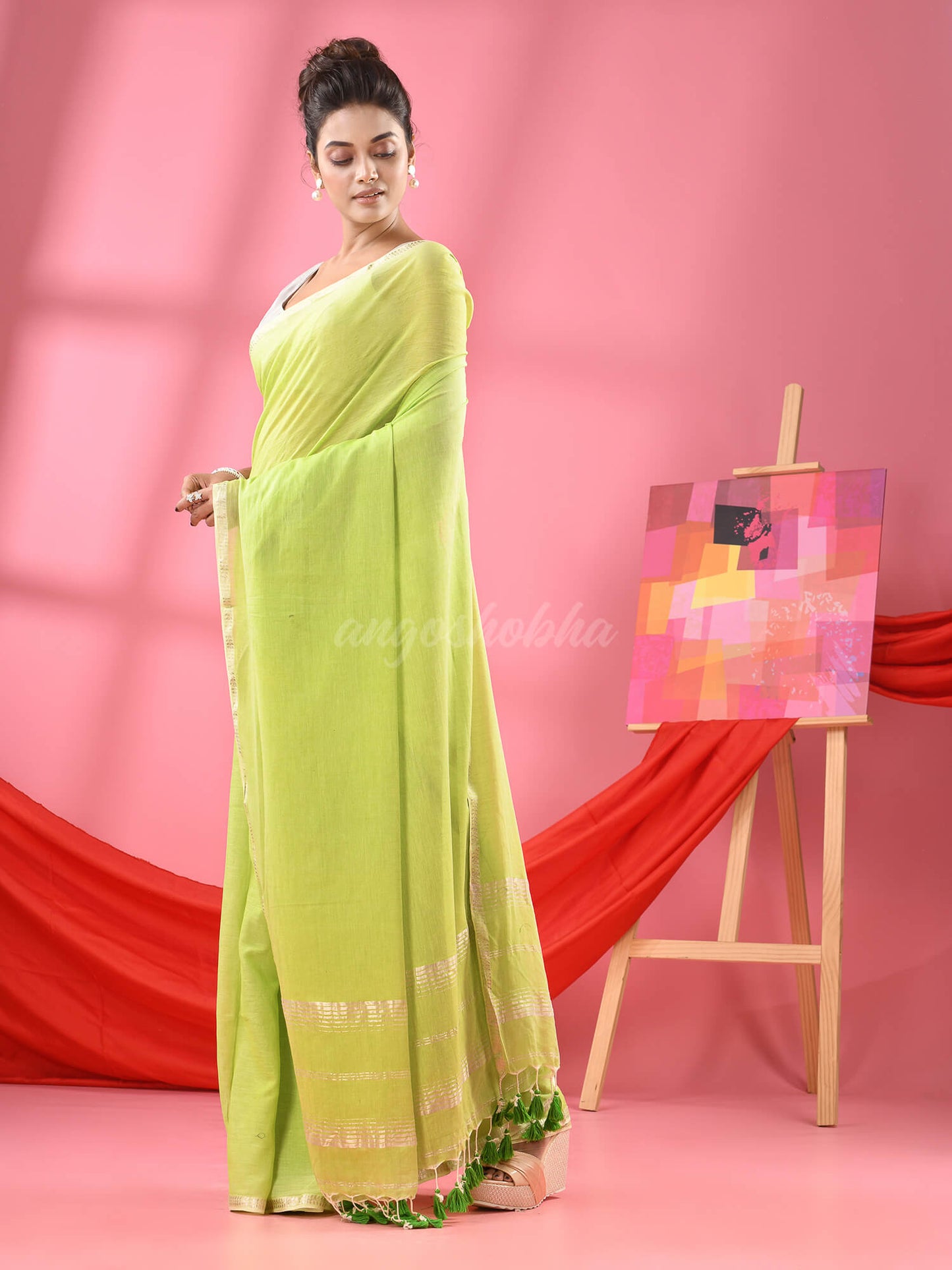 Pastel Green Cotton Jacquard Border Handloom Saree