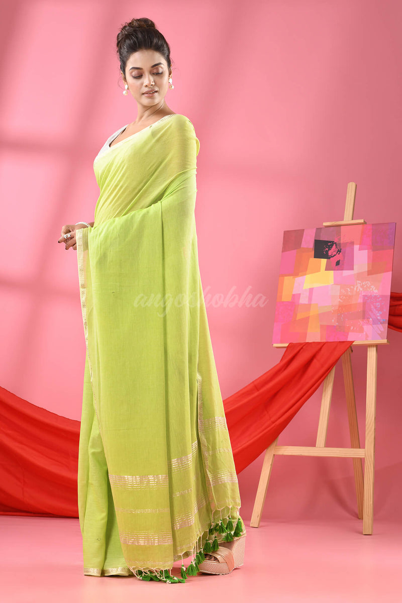 Pastel Green Cotton Jacquard Border Handloom Saree