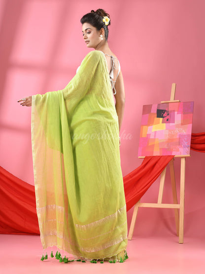 Pastel Green Cotton Jacquard Border Handloom Saree