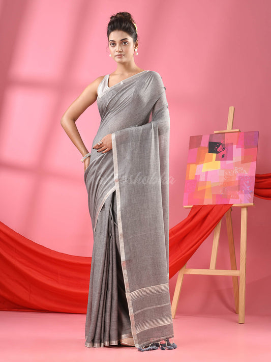 Grey Cotton Jacquard Border Handloom Saree