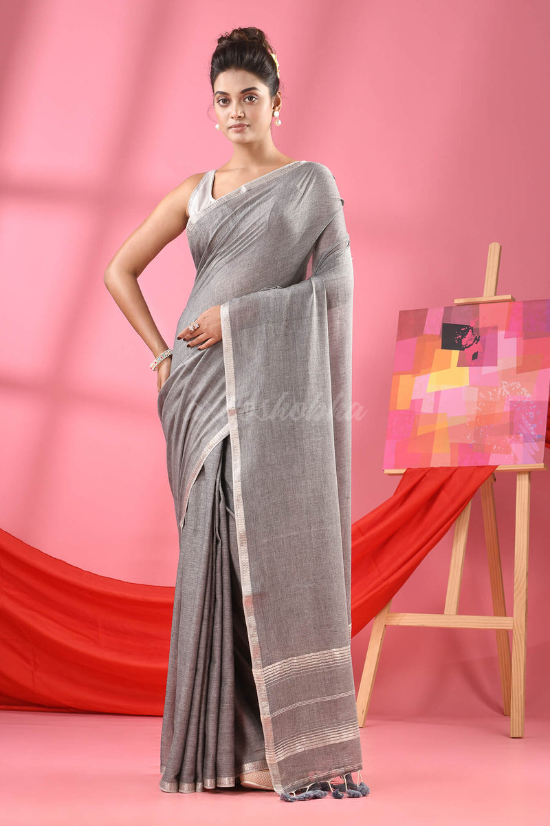 Grey Cotton Jacquard Border Handloom Saree