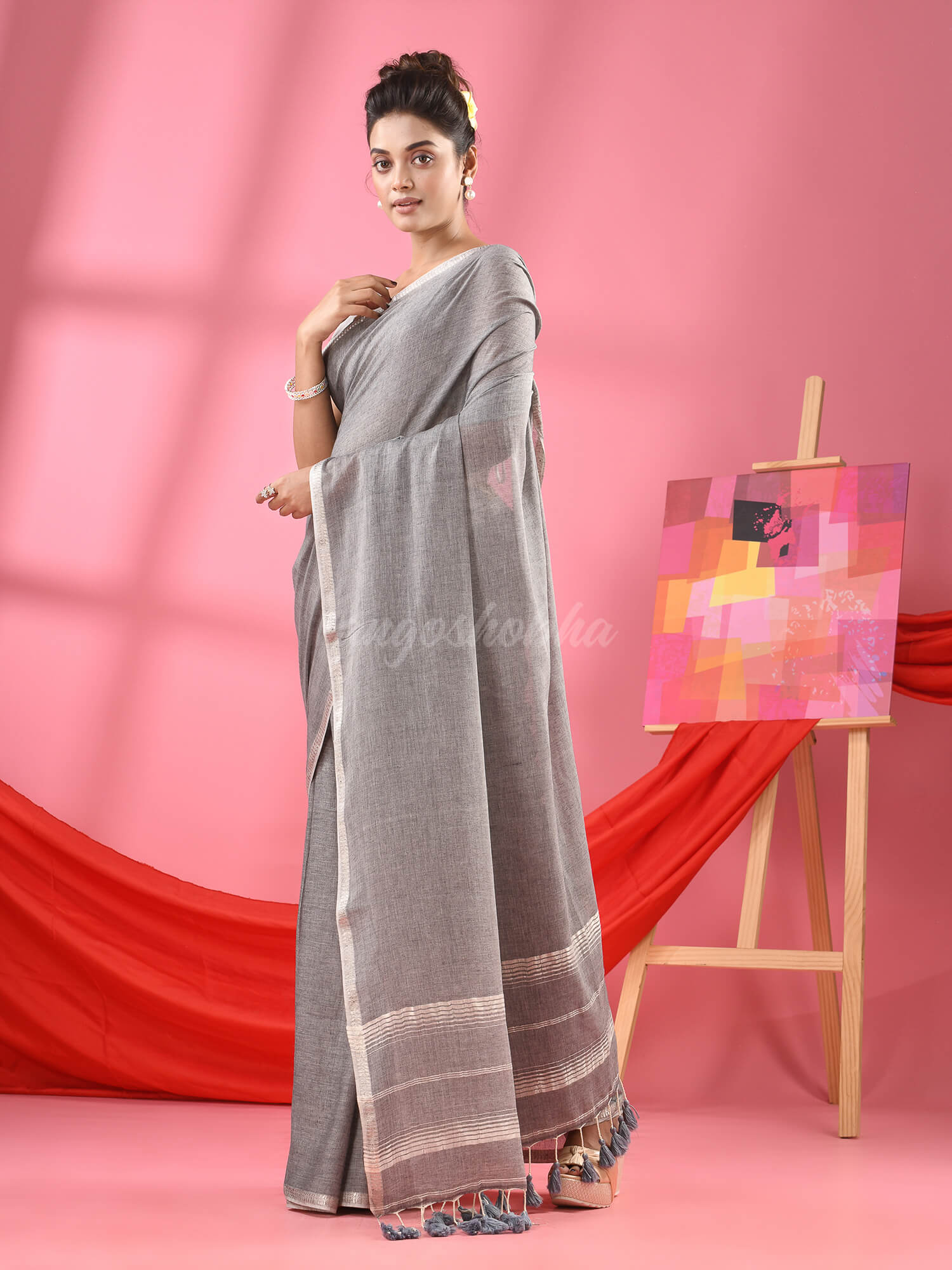 Grey Cotton Jacquard Border Handloom Saree