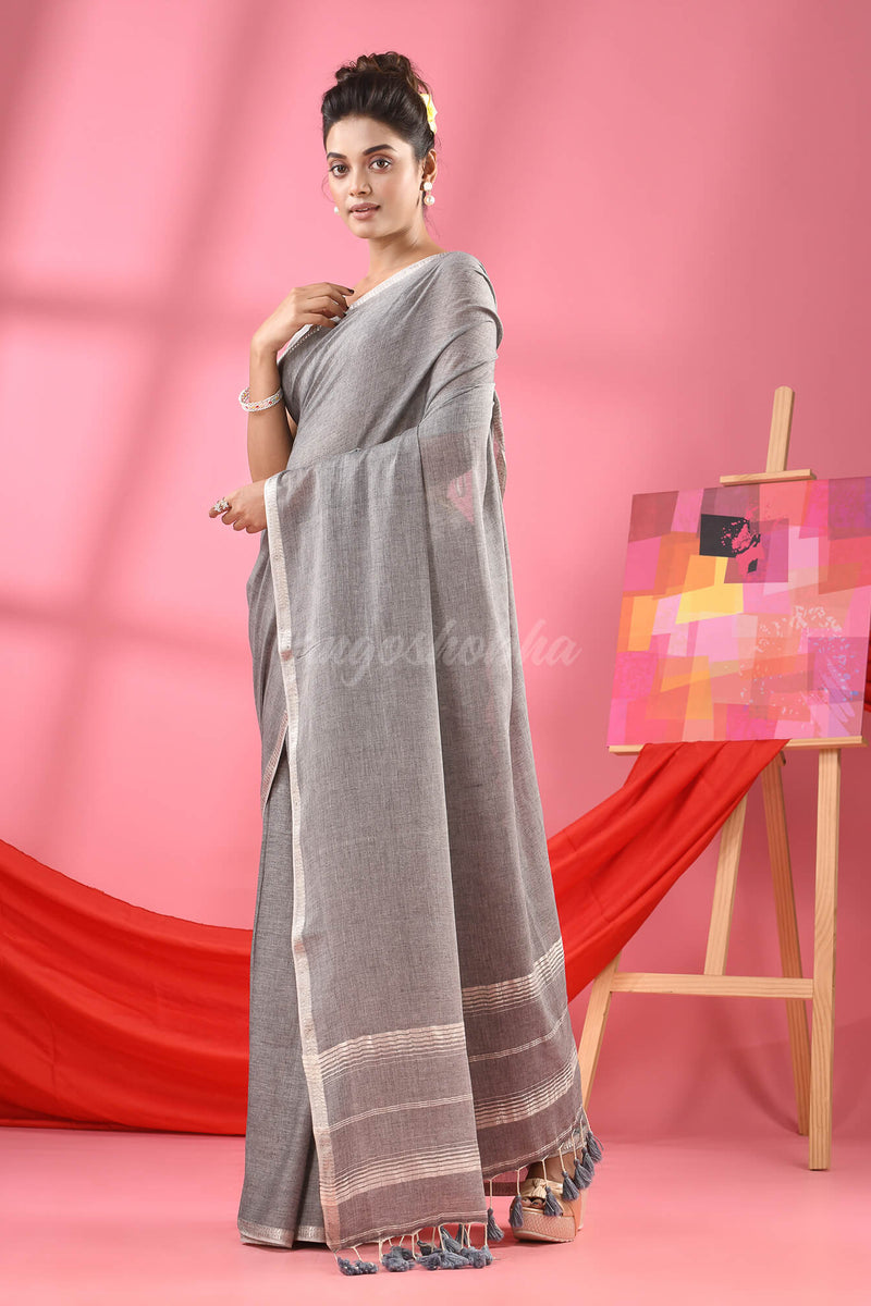 Grey Cotton Jacquard Border Handloom Saree