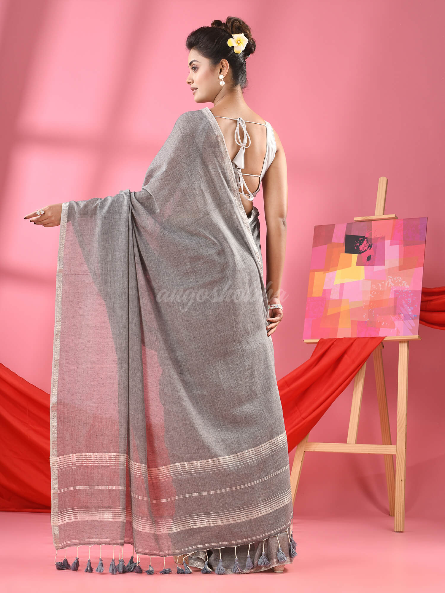 Grey Cotton Jacquard Border Handloom Saree