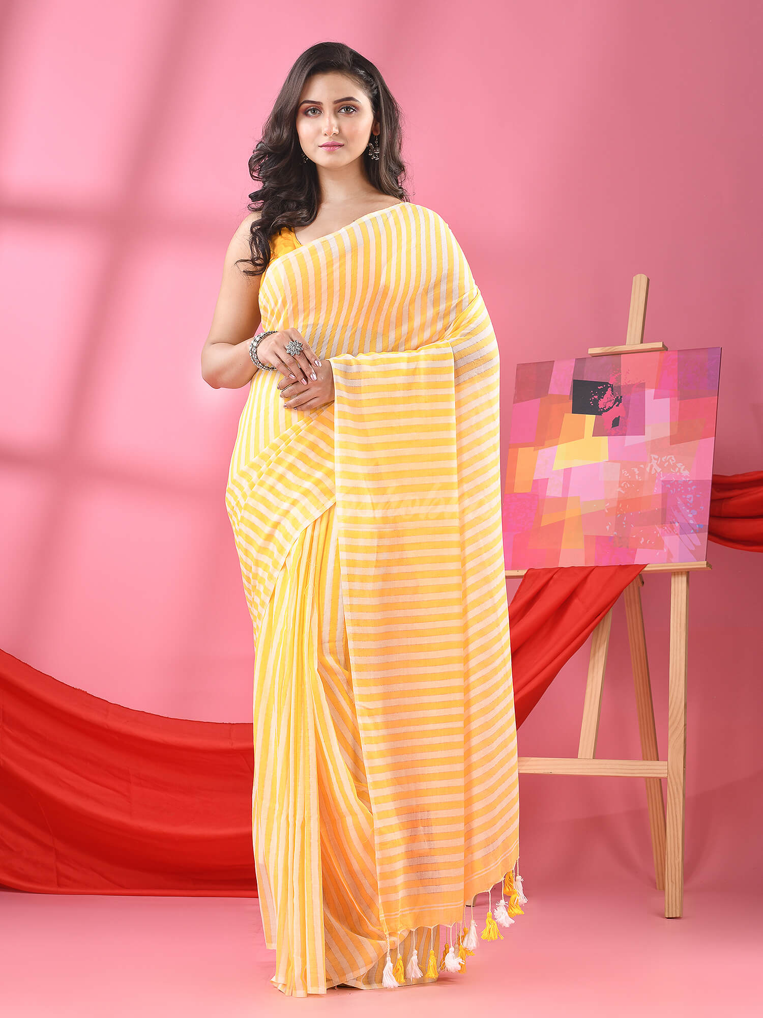 Yellow & White Stripe Cotton Handloom Saree