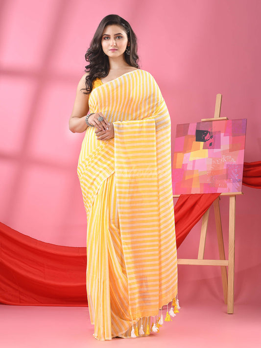 Yellow & White Stripe Cotton Handloom Saree