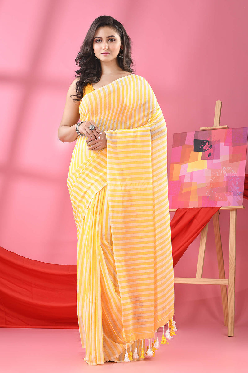 Yellow & White Stripe Cotton Handloom Saree