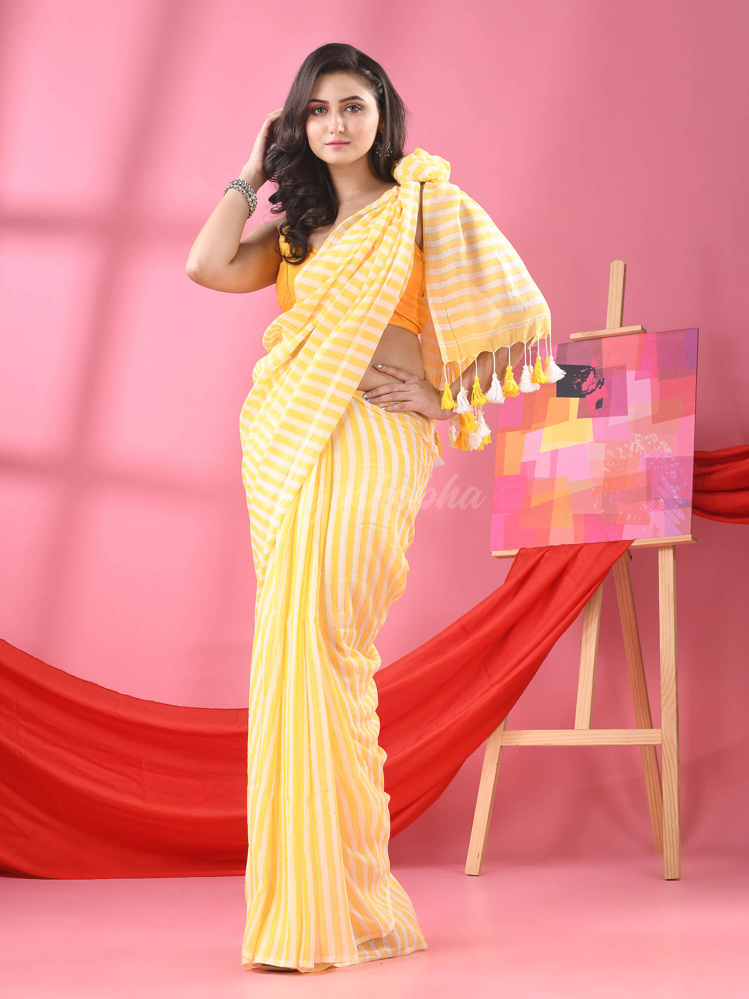 Yellow & White Stripe Cotton Handloom Saree