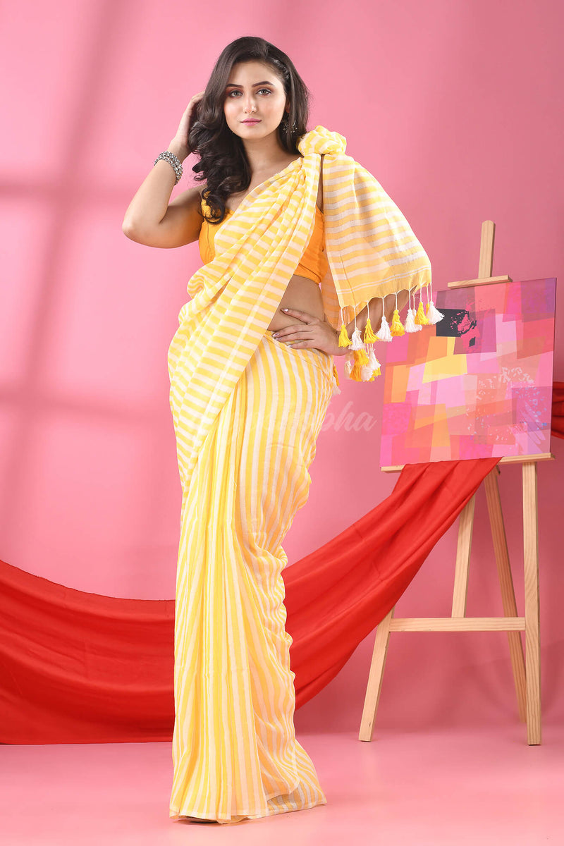 Yellow & White Stripe Cotton Handloom Saree
