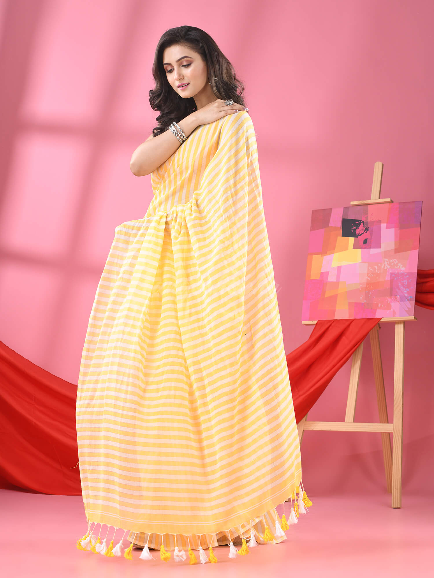 Yellow & White Stripe Cotton Handloom Saree