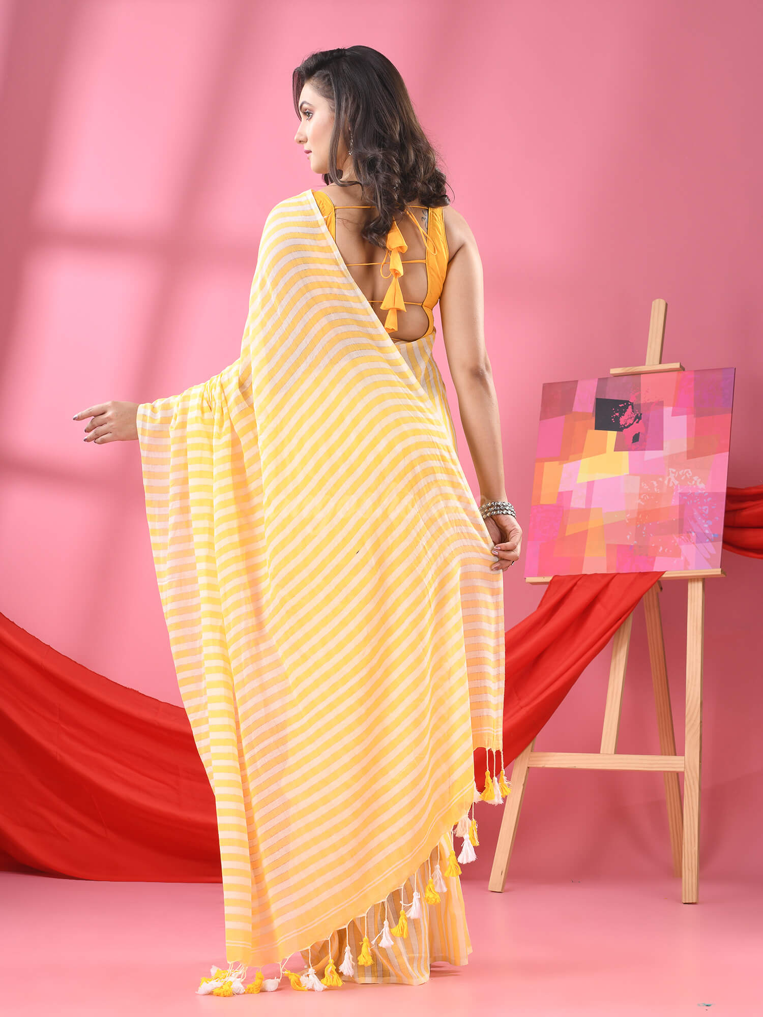 Yellow & White Stripe Cotton Handloom Saree